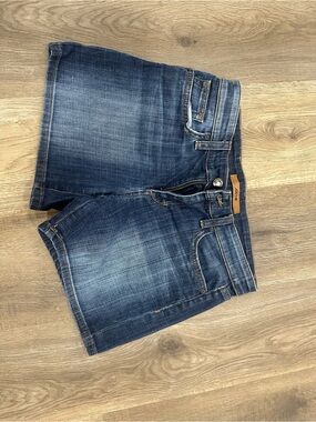 Joe's Jeans light blue denim shorts with tan label